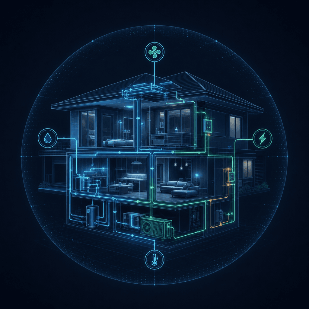 A connected home cutaway showing heating, water, ventilation, and electrical systems